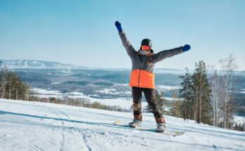 Skier wearing insulated ski jacket, pants, and gloves, standing on snowy slopes with clear skies, showcasing essential winter sports gear for warmth and protection.