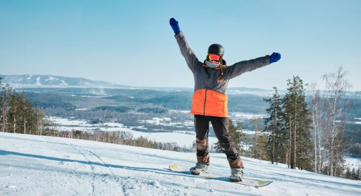 Skier wearing insulated ski jacket, pants, and gloves, standing on snowy slopes with clear skies, showcasing essential winter sports gear for warmth and protection.