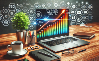 A professional featured image for a blog about increasing website traffic, showing a modern laptop on a sleek desk with a vibrant upward graph on the screen. Surrounding the laptop are icons of SEO, social media platforms, and digital marketing strategies. The workspace includes a coffee mug, potted plant, and notebook, symbolising growth and productivity