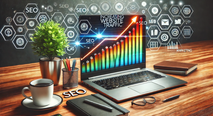 A professional featured image for a blog about increasing website traffic, showing a modern laptop on a sleek desk with a vibrant upward graph on the screen. Surrounding the laptop are icons of SEO, social media platforms, and digital marketing strategies. The workspace includes a coffee mug, potted plant, and notebook, symbolising growth and productivity