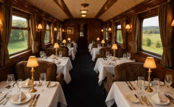 Elegant dining carriage on a vintage train with fine table settings, representing the comfort and charm of Luxury Train Journeys.