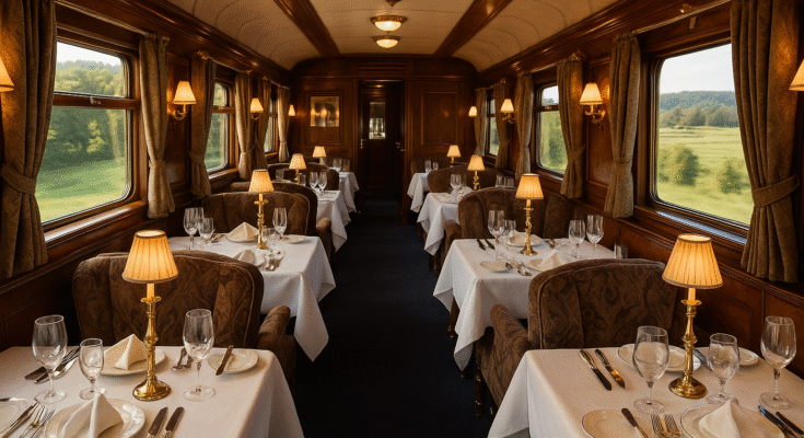 Elegant dining carriage on a vintage train with fine table settings, representing the comfort and charm of Luxury Train Journeys.