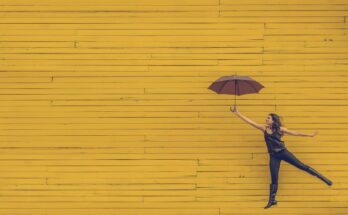 Woman holding a printed umbrella while smiling against a bright yellow wall.
